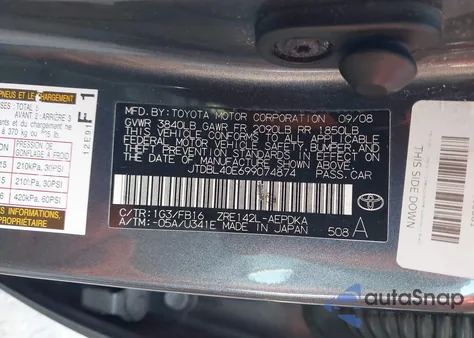 2009 Toyota Corolla Le from USA, damaged, VIN JTDBL40E699074874